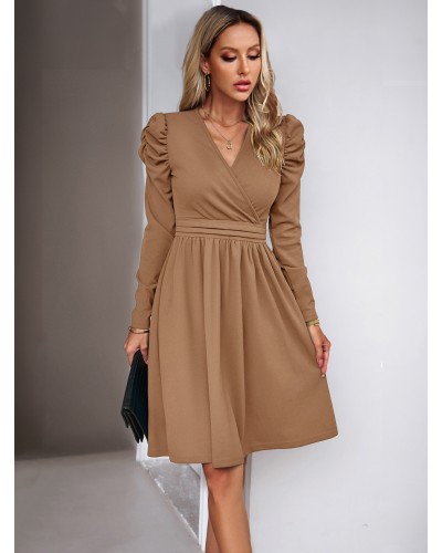 Women Skater Dresses V-Neck Long Sleeves Pleated Chic Flared Dress Bodycon Spring Fall