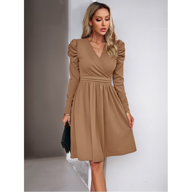 Women Skater Dresses V-Neck Long Sleeves Pleated Chic Flared Dress Bodycon Spring Fall