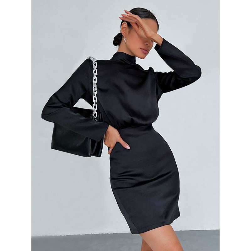 Women Bodycon Dresses Black Long Sleeves Jewel Neck Midi Sheath Dress Sexy Fall