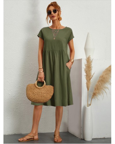 Women Shift Dresses Short Sleeves Jewel Neck Hunter Green Tunic Dress Casual Summer