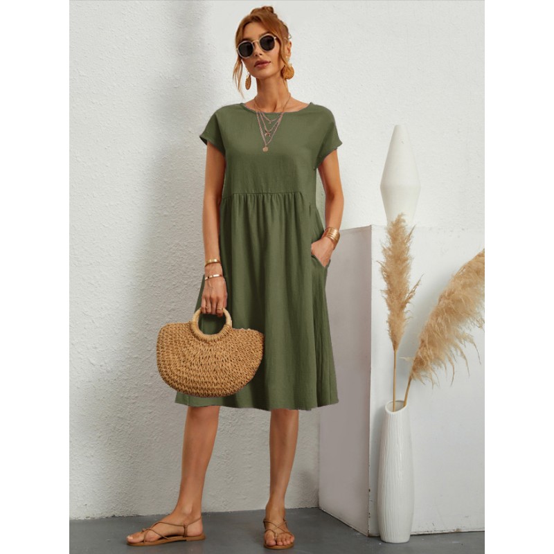 Women Shift Dresses Short Sleeves Jewel Neck Hunter Green Tunic Dress Casual Summer