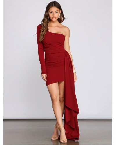 Women Party Dresses One-Shoulder Pleated Asymmetrical Semi Formal Dress Mini Spring Fall