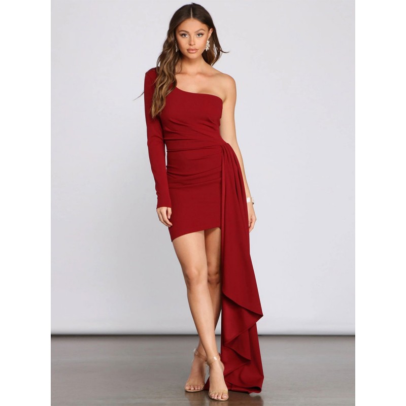 Women Party Dresses One-Shoulder Pleated Asymmetrical Semi Formal Dress Mini Spring Fall