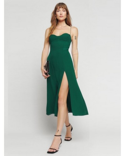 Midi Dress Green Straps Neck Split Front Beach Dress Summer Street Wear Daily Casual Resort Wear