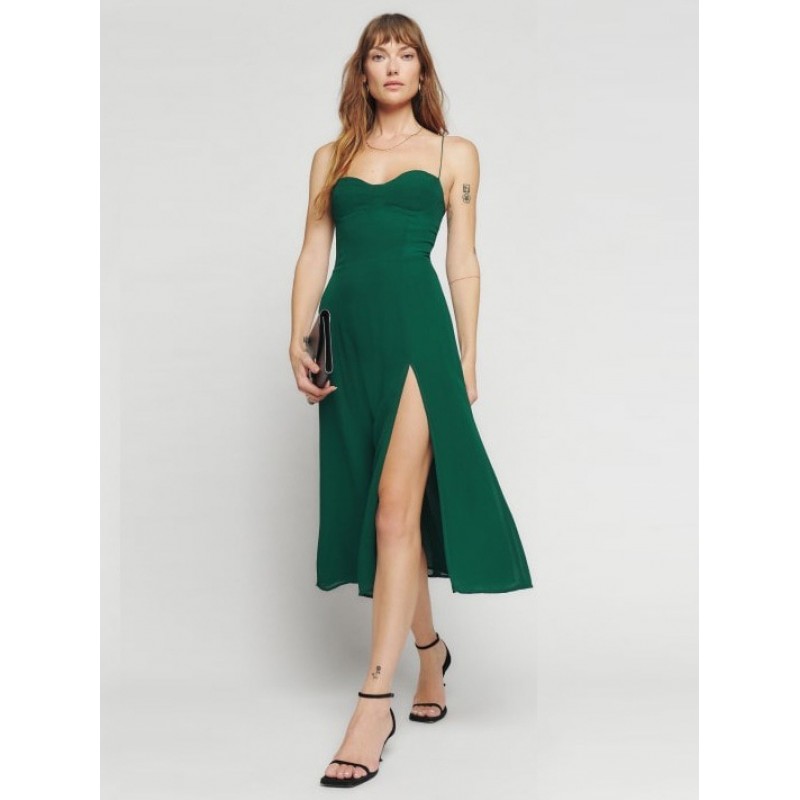 Midi Dress Green Straps Neck Split Front Beach Dress Summer Street Wear Daily Casual Resort Wear