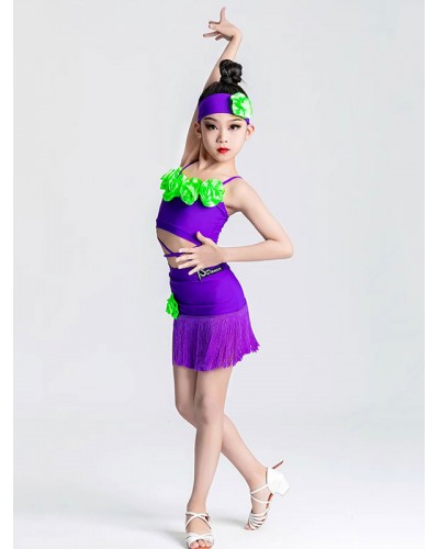 Women Latin Dance Costume Violet 's Lycra Spandex Skirt Top Latin Dancer Dancing Costume