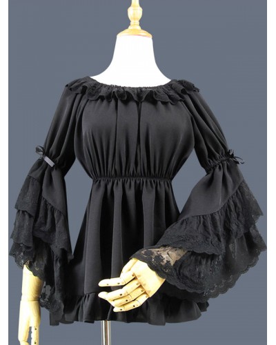 Classic Lolita Blouse Lace Layered Ruffle Bowknot Hime Sleeve Chiffon Black Lolita Top Spring Summer