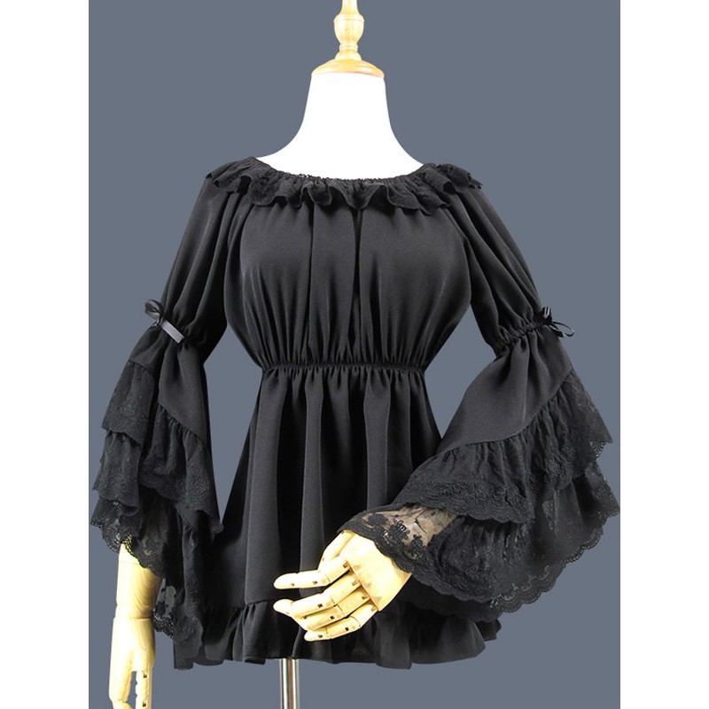 Classic Lolita Blouse Lace Layered Ruffle Bowknot Hime Sleeve Chiffon Black Lolita Top Spring Summer