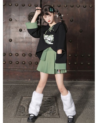 Chinese Style Lolita Outfits Black Panda Lace Up Long Sleeves Skirt Top Chinese Style