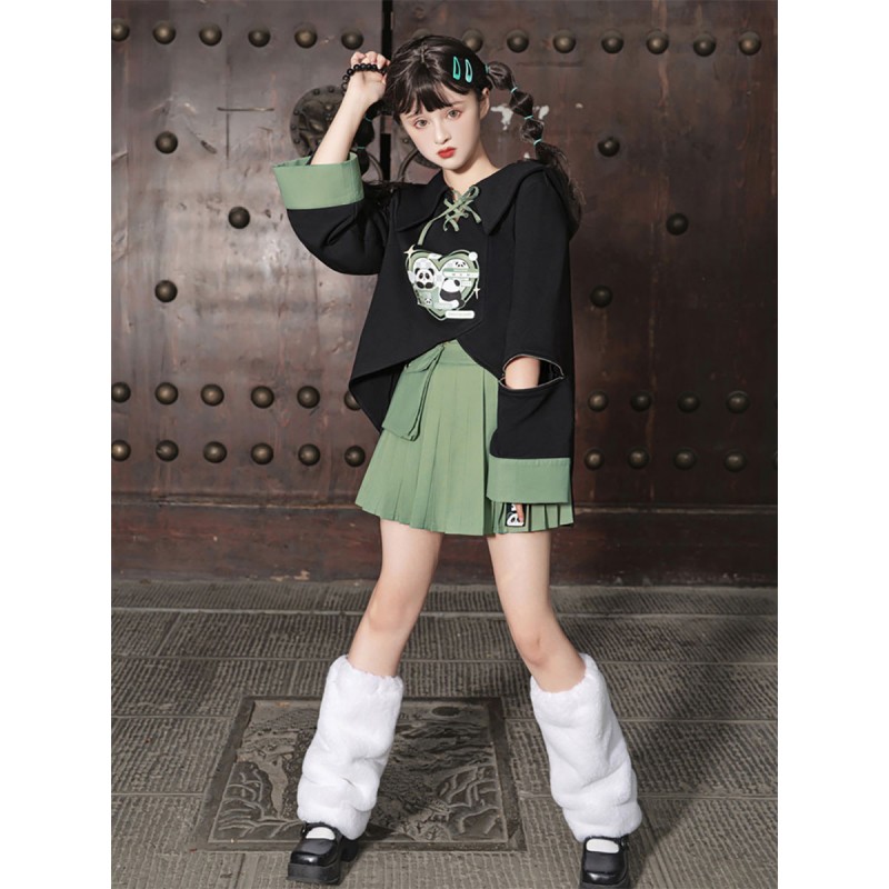 Chinese Style Lolita Outfits Black Panda Lace Up Long Sleeves Skirt Top Chinese Style