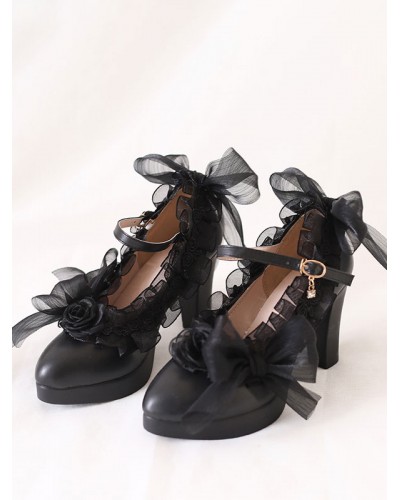 Gothic Lolita Footwear White Flowers Bows Ruffles Round Toe PU Leather Lolita Pumps Shoes