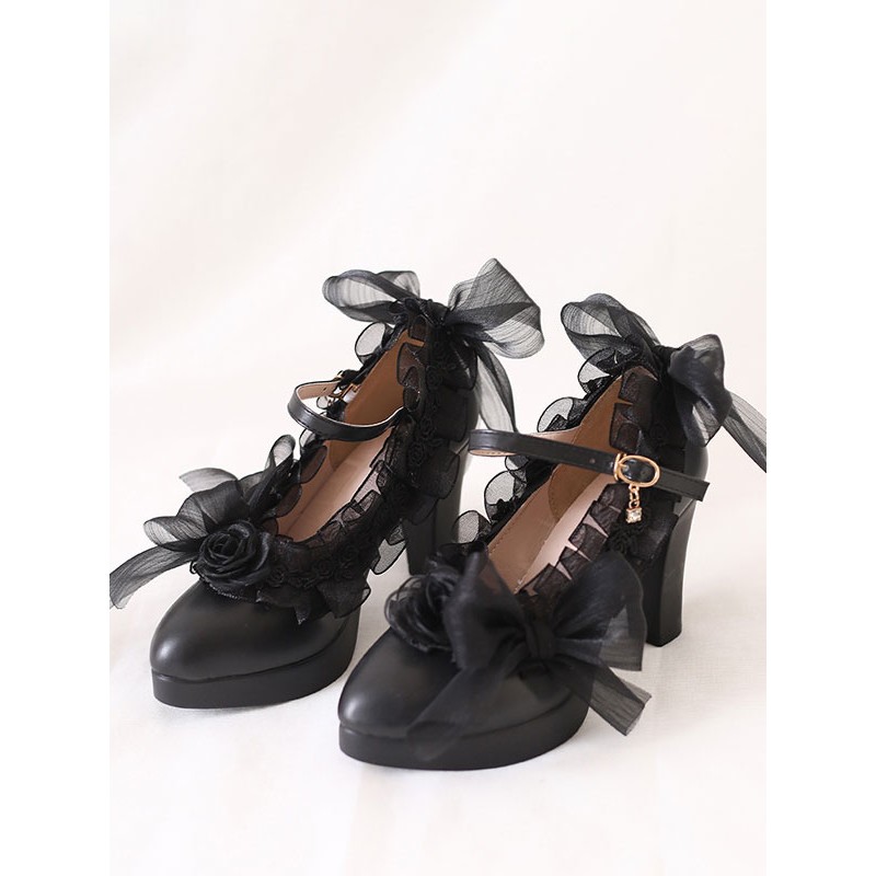 Gothic Lolita Footwear White Flowers Bows Ruffles Round Toe PU Leather Lolita Pumps Shoes