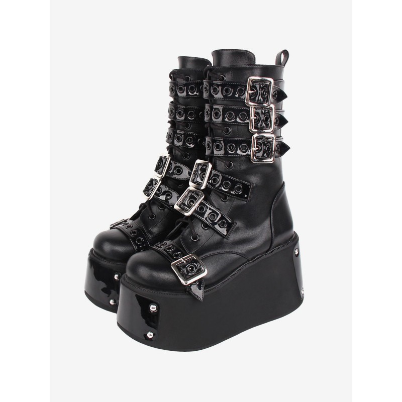 Lolita Black Grommets Two-Tone Round Toe PU Leather Lolita Footwear Boots Gothic