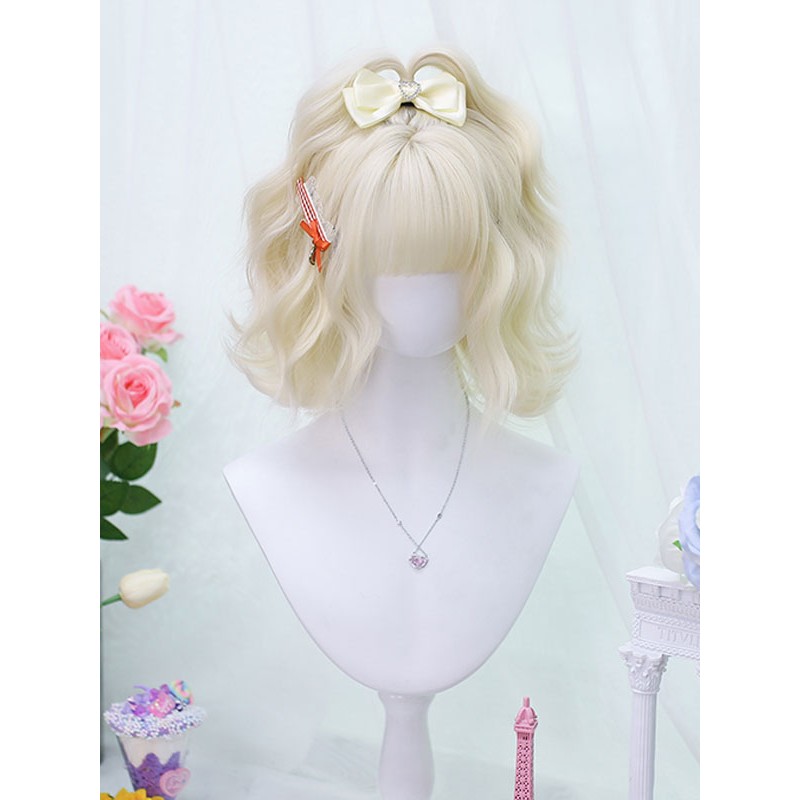 Lolita Wig Light Gold Short Heat-resistant Fiber Lolita Accessories Sweet Harajuku Fashion ROCOCO Daily Casual Tea Party