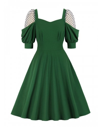 Women 1950s Audrey Hepburn Style Retro Dress Sweetheart Neck Half Sleeves Medium Polka Dot Green Swing Dress Vintage Daily Casual