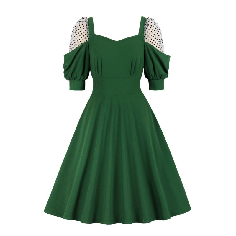 Women 1950s Audrey Hepburn Style Retro Dress Sweetheart Neck Half Sleeves Medium Polka Dot Green Swing Dress Vintage Daily Casual