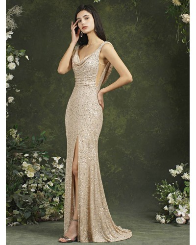 Dresses Apricot Cowl Neck Sequins Sleeveless Semi Formal Dress Sexy Party Performance