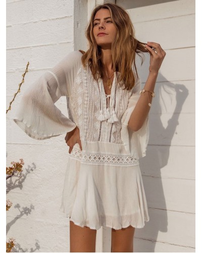 Women Boho Dress Fringe V-Neck 3/4 Length Sleeves Oversized Dress Casual Bohemian Summer