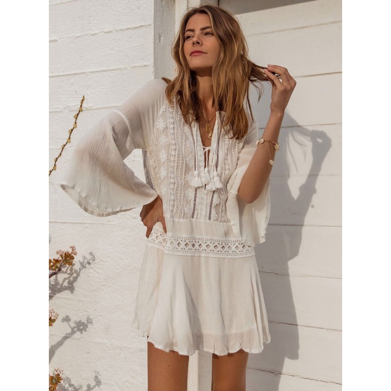 Women Boho Dress Fringe V-Neck 3/4 Length Sleeves Oversized Dress Casual Bohemian Summer