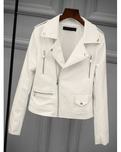 White Jacket Turndown Collar PU Leather Outerwear For Women Moto Spring Fall