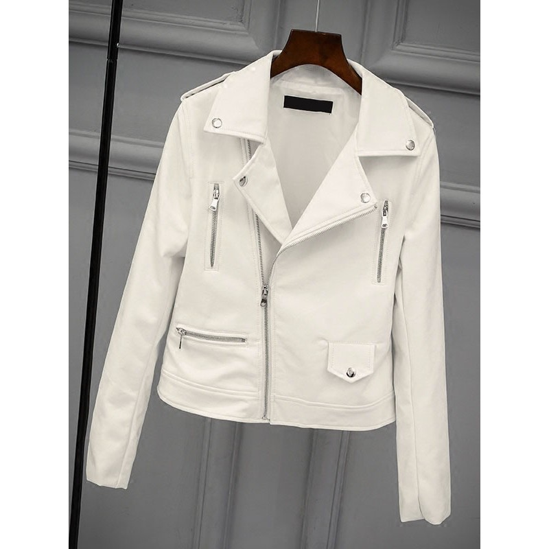 White Jacket Turndown Collar PU Leather Outerwear For Women Moto Spring Fall