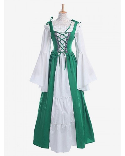 Medieval Vintage Dress Green Layered Long Sleeves Swing Dress Cosplay Costume Carnival Euro-Style Middle Ages Holiday