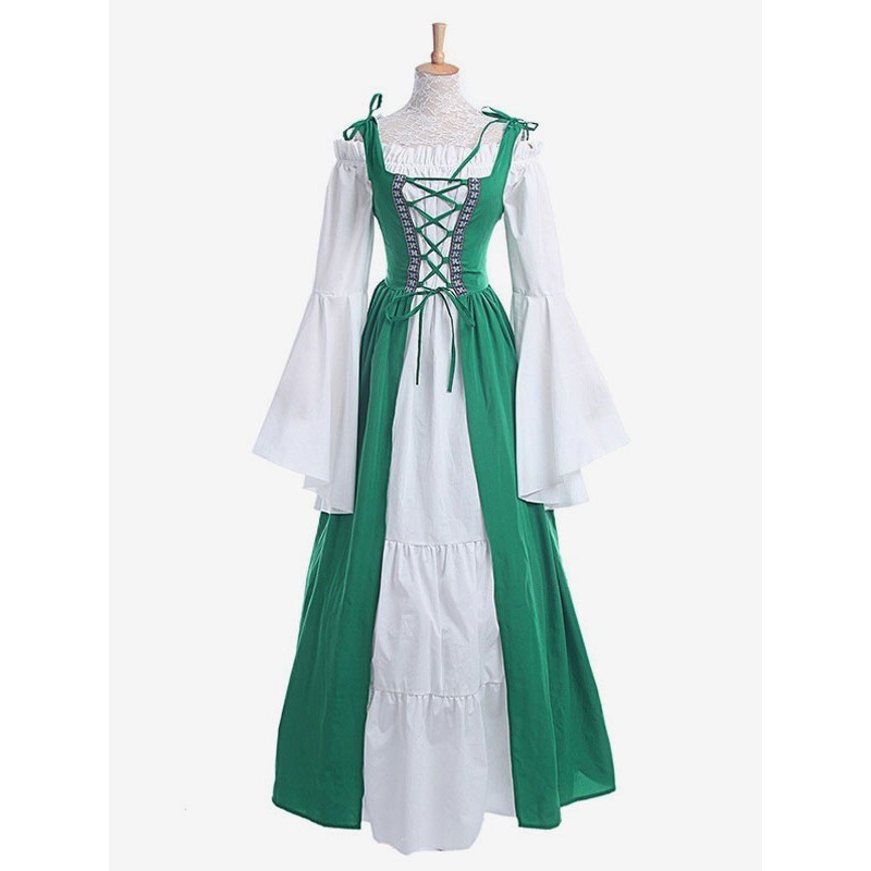 Medieval Vintage Dress Green Layered Long Sleeves Swing Dress Cosplay Costume Carnival Euro-Style Middle Ages Holiday