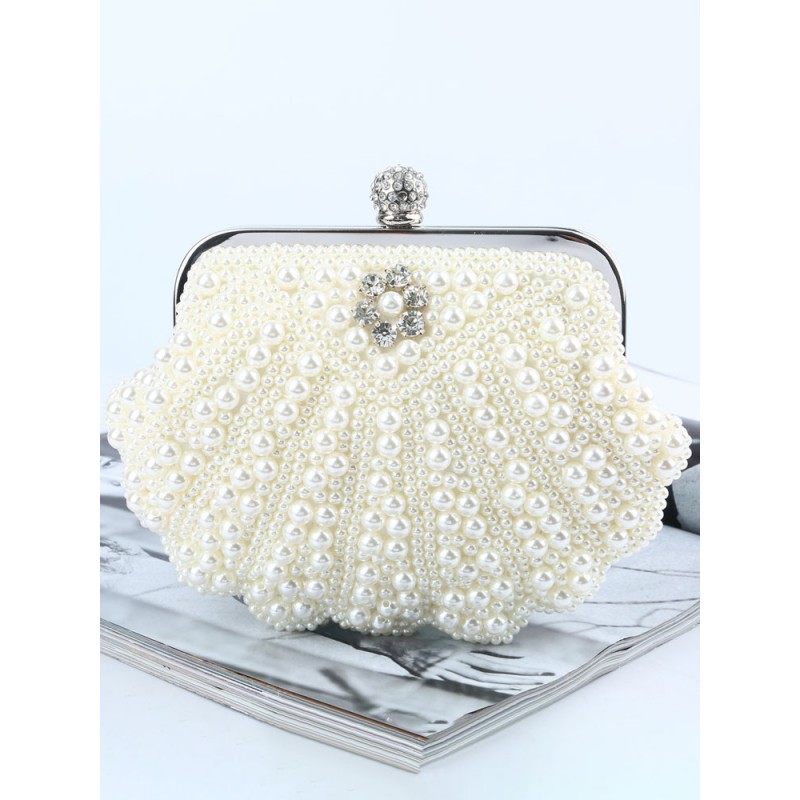 Flapper Dress Handbag 1920s Great Gatsby Accessory Ecru Peals Studded Chains Satin Inner Shoulder Cross Chain Women's Clutch Bags Flapper Handbag Retro Party Ball