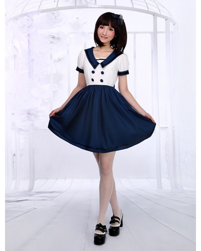 White Navy Blue Lolita One-piece Dress Style Short Sleevs Sailor Summer Daily Casual