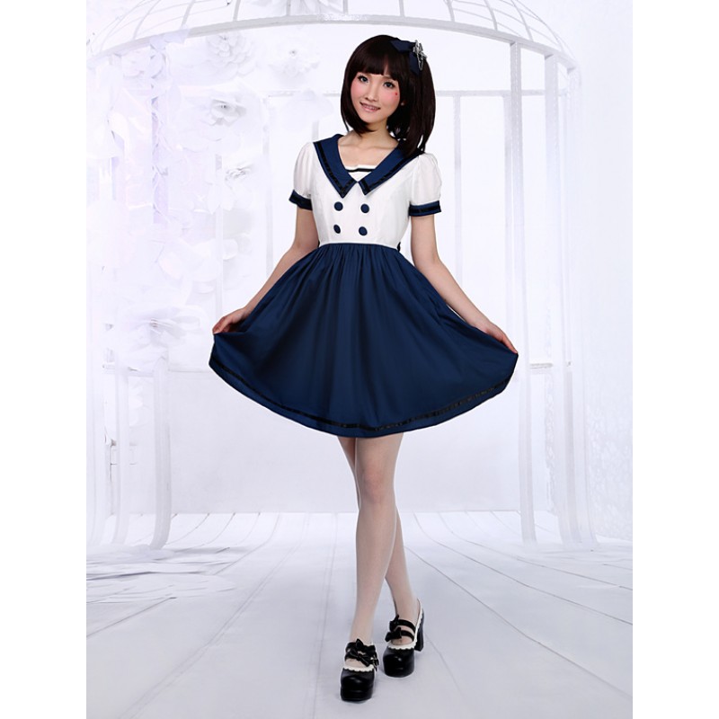 White Navy Blue Lolita One-piece Dress Style Short Sleevs Sailor Summer Daily Casual