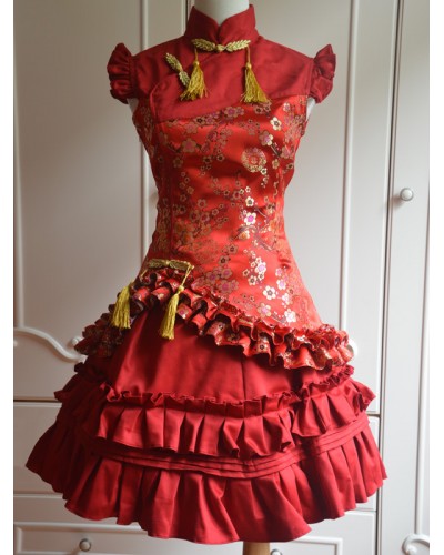 Classic Red Satin Qi Lolita Dress Sleevesless Plum Blossom Printed Ruffles Chinese Style Summer Daily Casual Tea Party