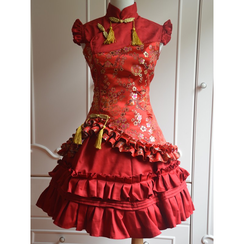 Classic Red Satin Qi Lolita Dress Sleevesless Plum Blossom Printed Ruffles Chinese Style Summer Daily Casual Tea Party