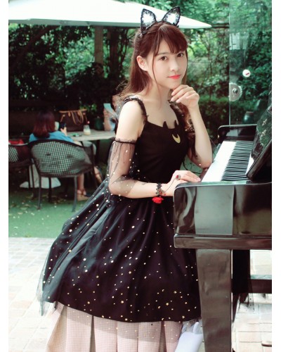 Lolita JSK Dress Black Polyester Sleeveless Ruffle Daily Casual Lolita Jumper Skirts Sweet Spring Summer