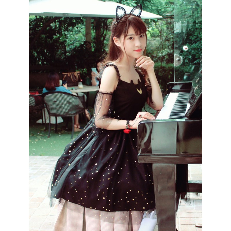 Lolita JSK Dress Black Polyester Sleeveless Ruffle Daily Casual Lolita Jumper Skirts Sweet Spring Summer