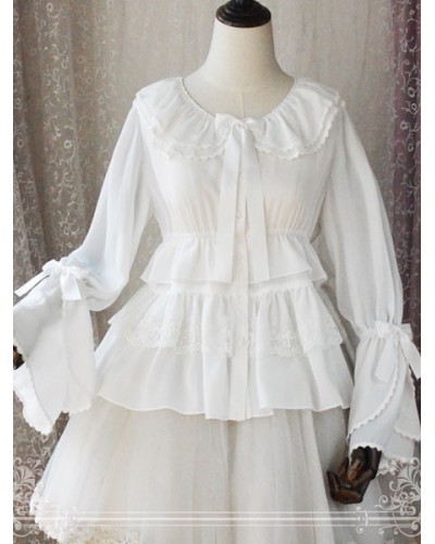 Classic Lolita Blouse Magic Chiffon Bell Sleeve Round Neck Ruffles Frills Bows White Lolita Top Tops Classic  Traditional Spring Summer Tea Party