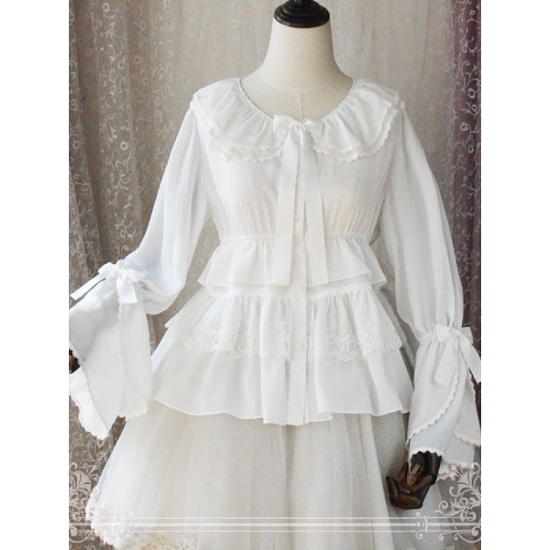 Classic Lolita Blouse Magic Chiffon Bell Sleeve Round Neck Ruffles Frills Bows White Lolita Top Tops Classic  Traditional Spring Summer Tea Party