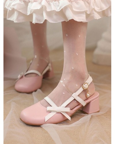 Academic Lolita Sandals Bows Pearls Round Toe PU Leather Black Lolita Summer Shoes