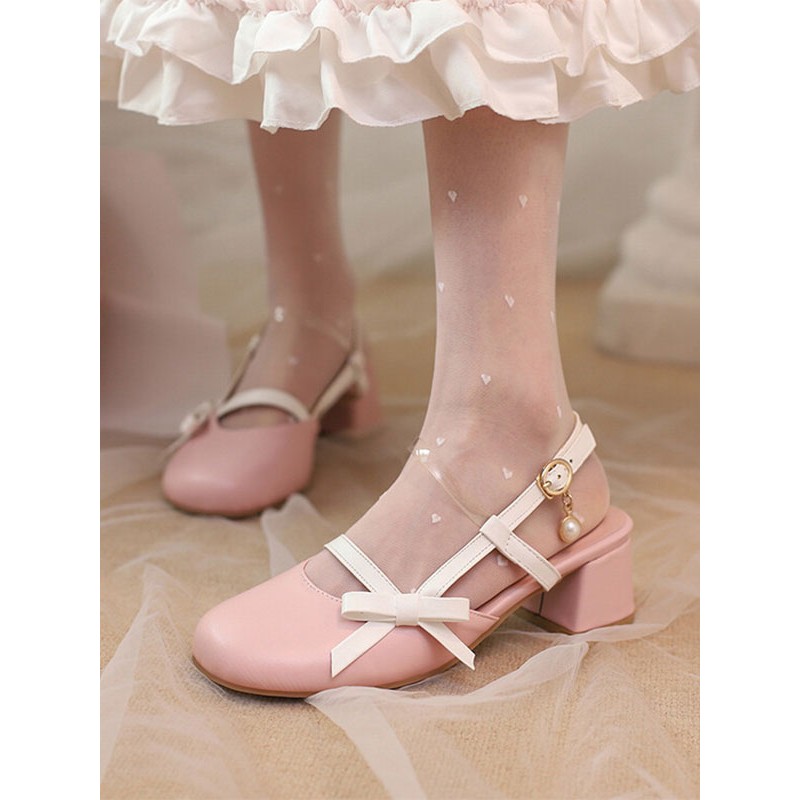 Academic Lolita Sandals Bows Pearls Round Toe PU Leather Black Lolita Summer Shoes