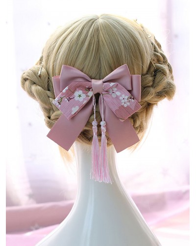 Chinese Style Lolita Headdress Print Tassel Bow Pink Lolita Hair Accessory