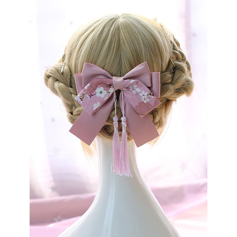 Chinese Style Lolita Headdress Print Tassel Bow Pink Lolita Hair Accessory