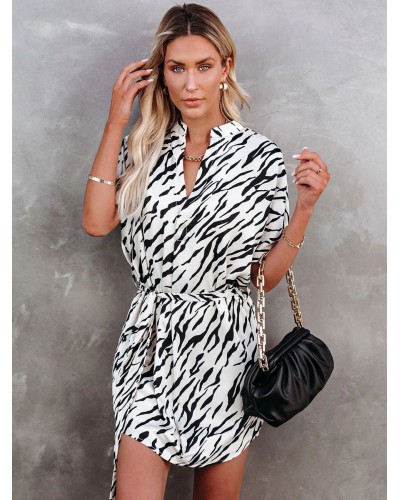 Shirt Dresses White V-Neck Off-The-Shoulder Short Sleeves Animal Print Pattern Midi Dress Summer Street Wear