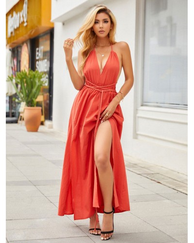 Summer Dress V-Neck Split Front High-slit Red Long Beach Dress Maxi Street Wear Daily Casual Resort Wear