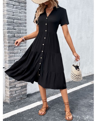 Women Buttons Casual V-Neck Short Sleeves Midi Dress Summer