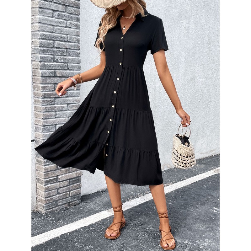 Women Buttons Casual V-Neck Short Sleeves Midi Dress Summer