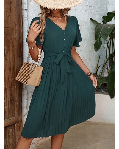 Women V-Neck Short Sleeves Midi Dress Casual Summer