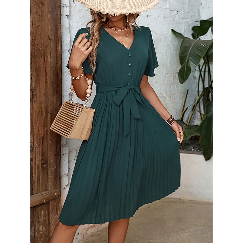 Women V-Neck Short Sleeves Midi Dress Casual Summer