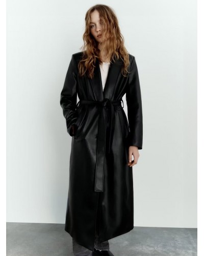 Women Trench Coat For Woman Fashion PU Leather Turndown Collar Sash Long Sleeves Trench Coats Fall Winter Street Wear Daily Casual