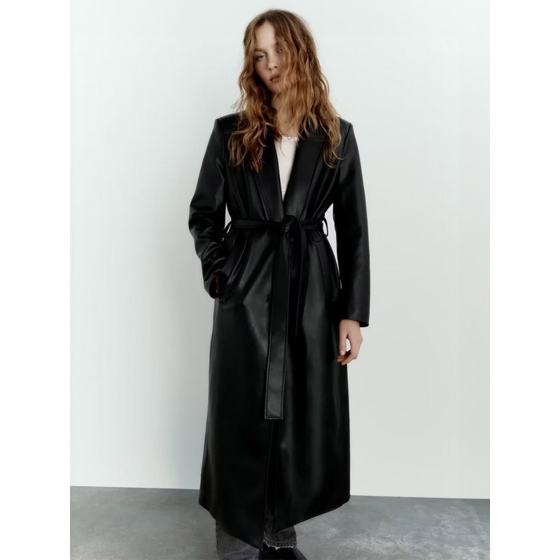 Women Trench Coat For Woman Fashion PU Leather Turndown Collar Sash Long Sleeves Trench Coats Fall Winter Street Wear Daily Casual