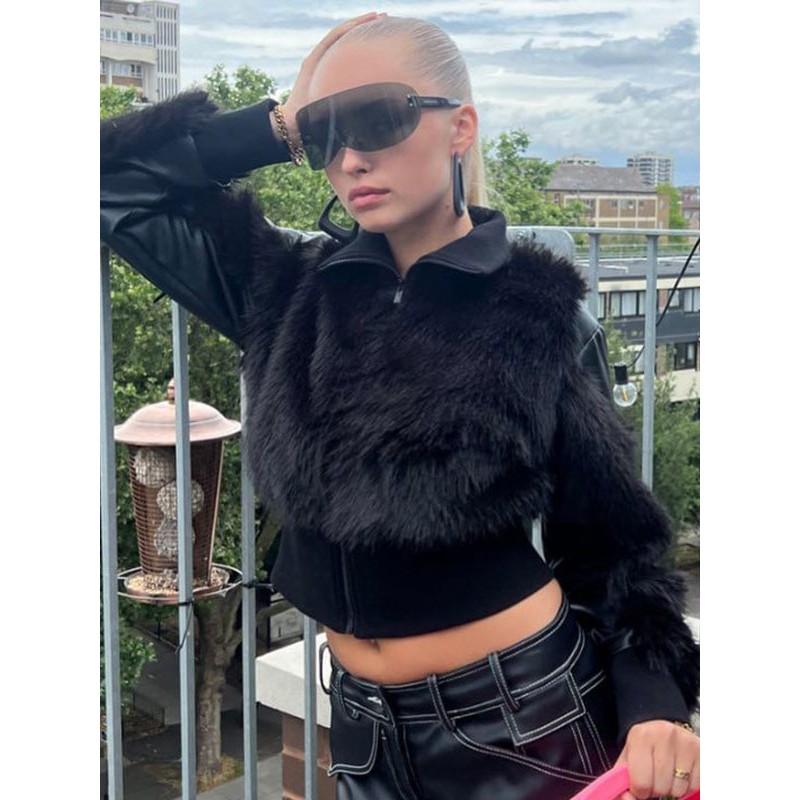 Women Faux Fur Coats Black High Waist Long Sleeves Jacket Faux Fur Jacket Fall Winter Street Wear Daily Casual Field