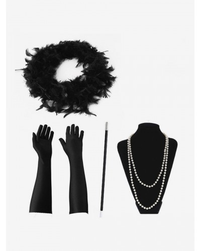 1920s Fashion Great Gatsby Accessories Flapper Women Feathers Pearls Necklace Tobacco Pipe Gloves Set Vintage Halloween